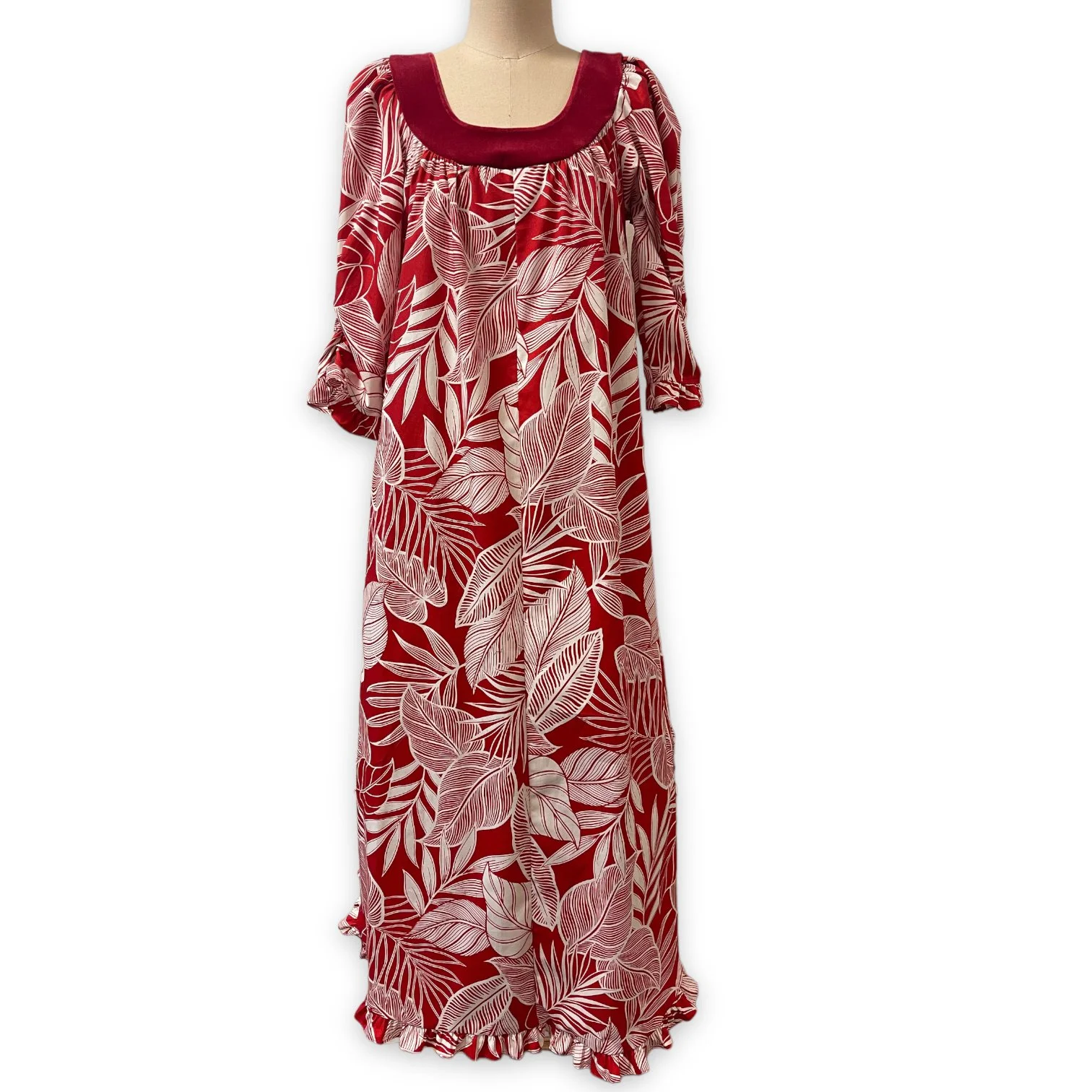 Tropical Leaf Prints Red Muumuu with Velvet Trim Large Size